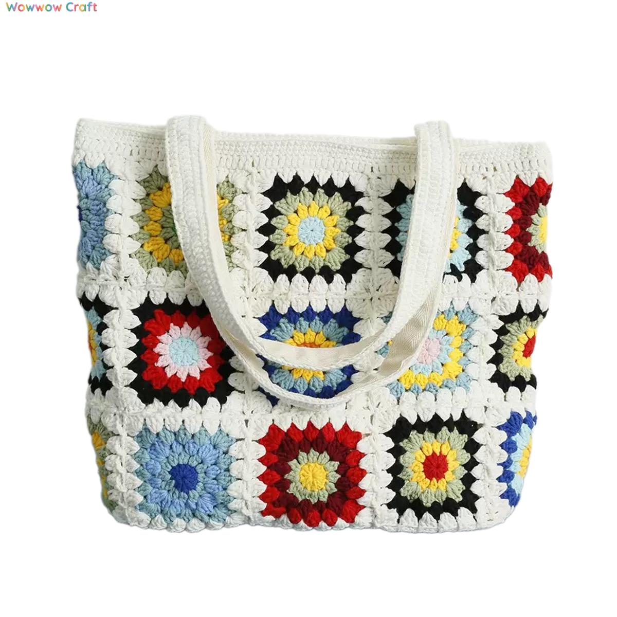 Shoulder Bags,Totes,Handmade Crochet Bags,White Mocha Color Granny Square Tote crocheted with Snow Fairy Yarn - Beautiful Hand-Crocheted Shoulder Bag